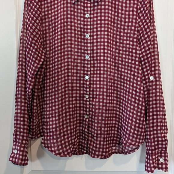 American Rag Cie Button-up Blouse Sheer Top Womens XL Red White Gingham Roll-Tab - Picture 5 of 15